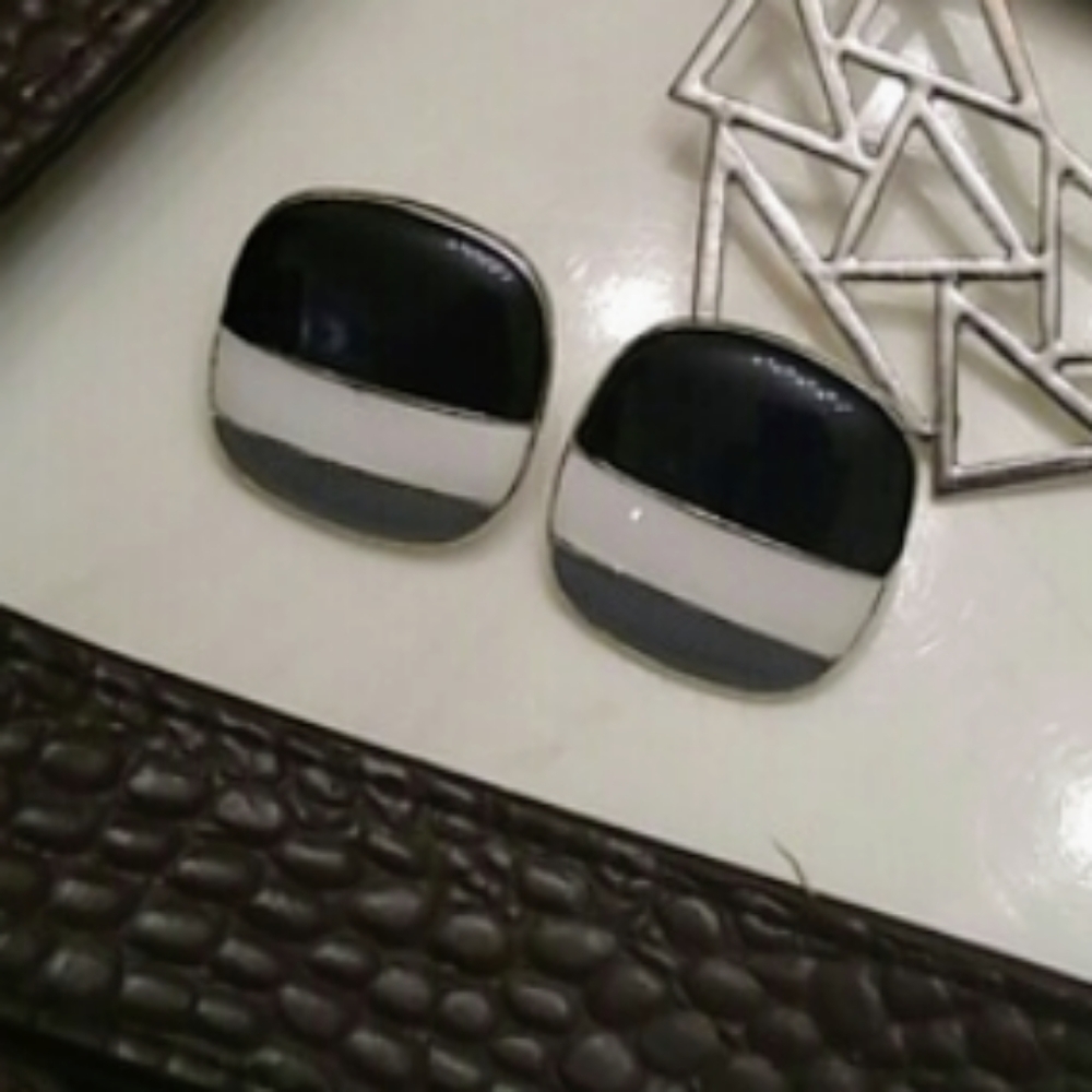 Vintage 90s Striped Black & White Post Enamel Earrings